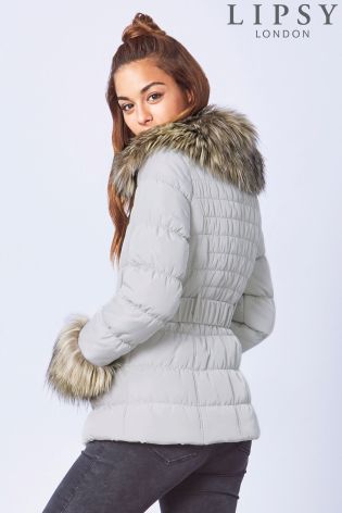 Lipsy Silver Faux Fur Trim Puffer